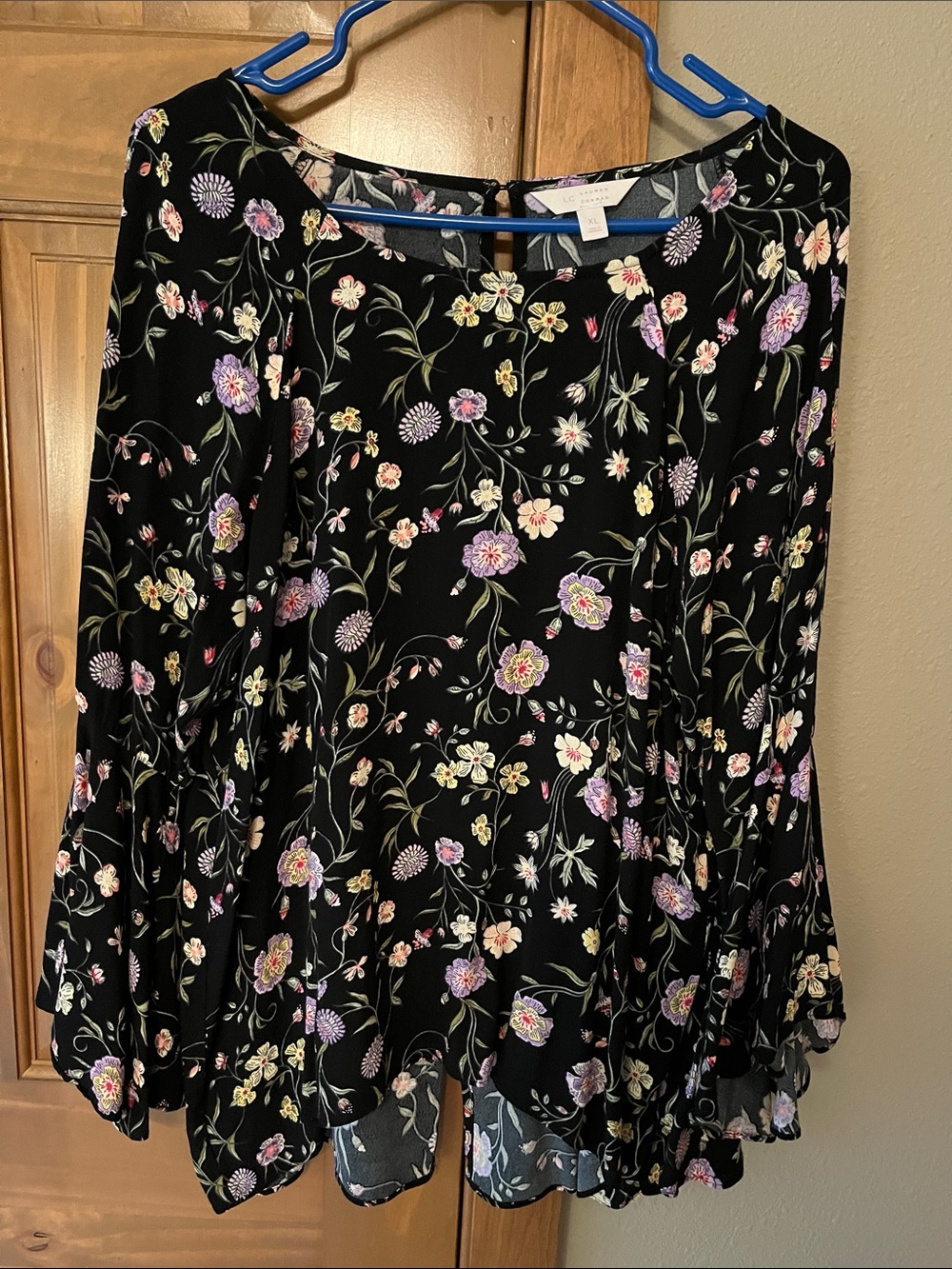 LC Lauren Conrad Black Floral Circle Blouse with Lavender & Cream Flowers